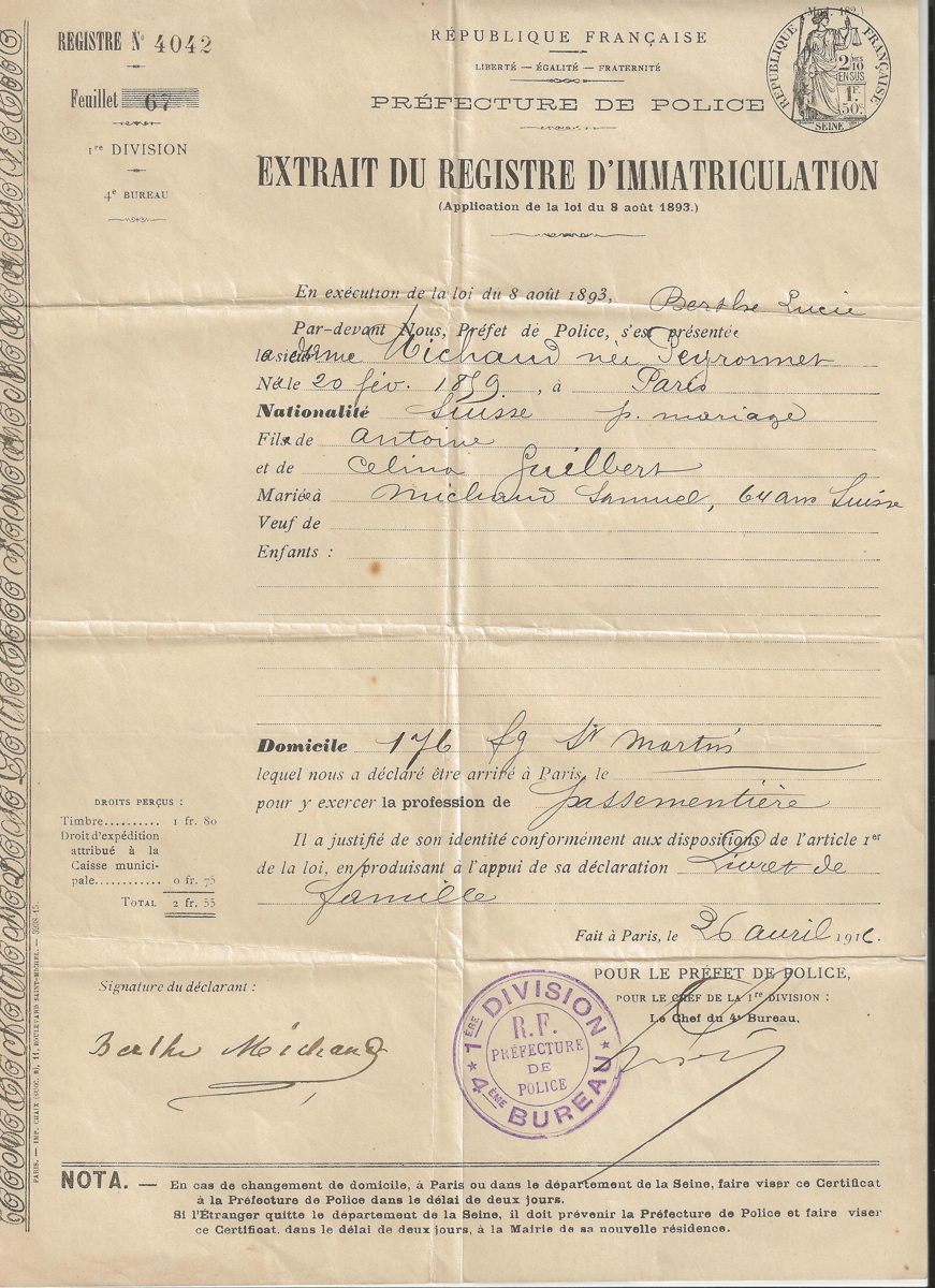 Extrait du registre d'immatriculation de Berthe Lucie MICHAUD, née PEYRONNET
