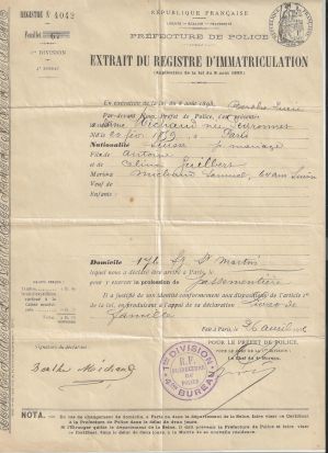 Extrait du registre d'immatriculation de Berthe Lucie MICHAUD, née PEYRONNET ; © Collections musée George Sand et de la Vallée Noire