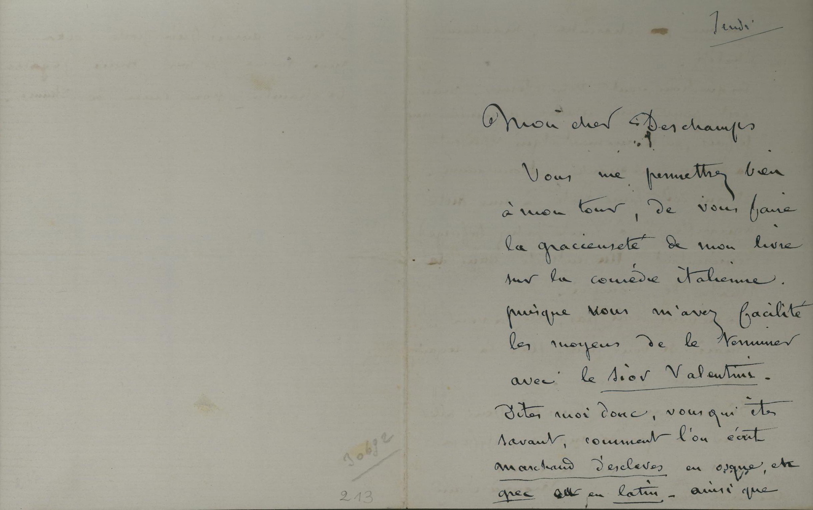 Lettre autographe de Maurice SAND à Emile DESCHAMPS