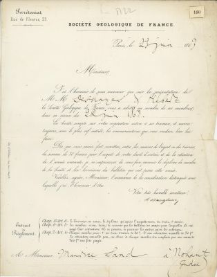 Brevet d'admission de Maurice SAND à la Société Géologique de France ; © Collections musée George Sand et de la Vallée Noire