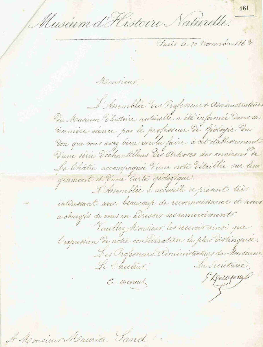 Lettre autographe signée de Michel-Eugène CHEVREUL, directeur du muséum d'histoire naturelle à Maurice SAND