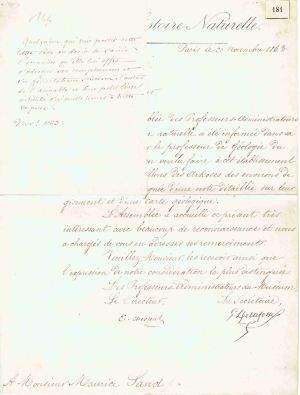 Lettre autographe signée de Michel-Eugène CHEVREUL, directeur du muséum d'histoire naturelle à Maurice SAND ; © Collections musée George Sand et de la Vallée Noire