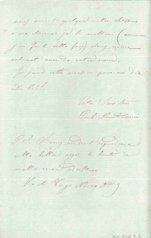 Lettre autographe signée de Paul MANTOVANI, géologue italien, à Maurice SAND ; © Collections musée George Sand et de la Vallée Noire
