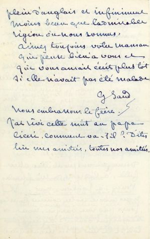 Lettre de George SAND à Sylvanie ARNOULD-PLESSY ; © Collections musée George Sand et de la Vallée Noire