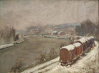Wagons sous la neige au bord de la Seine à Saint-Cloud