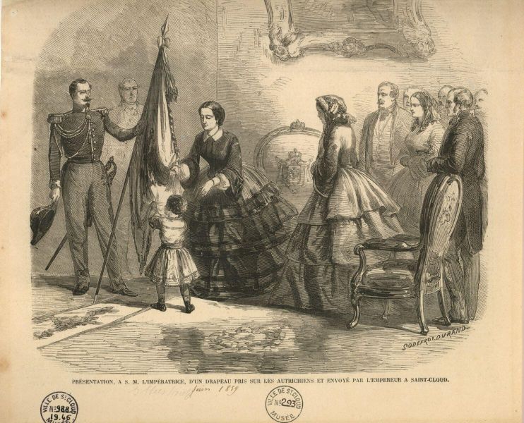Présentation, à S.M. l'Impératrice d'un drapeau pris sur les Autrichiens et envoyé par l'Empereur à Saint-Cloud