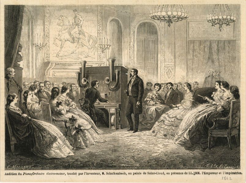 Audition du piano-orchestre éléctro-moteur, touché par l'inventeur, M. SChalkenbach, au palais de Saint-Cloud, en présence de LL. MM. L'Empereur et l'Impératrice