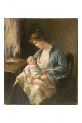 jeune mère, un enfant sur les genoux