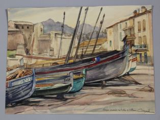Barques amarrées sur la plage de Collioure (titre inscrit)