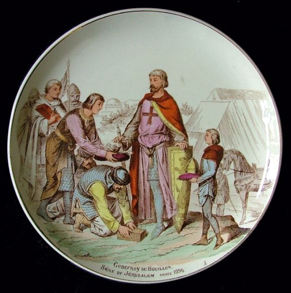 assiette historiée (ronde) ; Godefroy de Bouillon / Siège de Jérusalem. Année 1096 (titre inscrit)