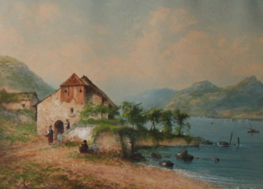 Paysage, maison au bord d'un lac dans les montagnes (titre factice)