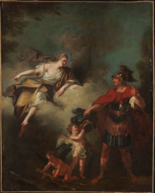 Mythologie ; Enée recevant de sa mère, Vénus, une armure forgée par Vulcain