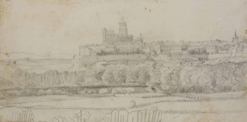 vue de Béziers et sa cathédrale depuis l'Orb (donné lors de la rédaction de la notice), dessin