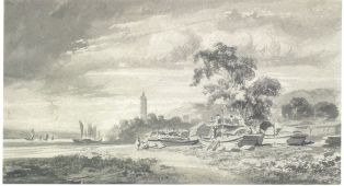 Jonques et pagode au bord du canal