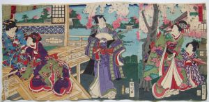 De gauche à droite : deux femmes assises avec un chat blanc, un homme debout tenant un éventail et deux femmes sous un cerisier en fleur. (titre factice)
