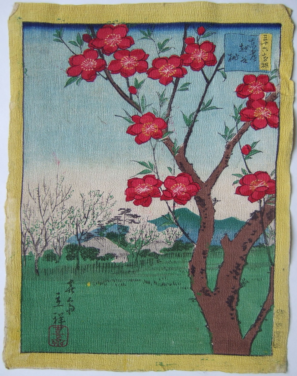 Branche en fleurs devant un paysage de montagne. (titre factice)