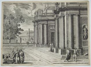 Groupe de personnages au pied d'un bâtiment avec colonnes cannelées. (titre factice)