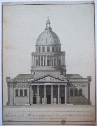 Façade de la nouvelle Eglise de Sainte-Geneviève de Paris avec le dôme à la colonnade circulaire. (titre inscrit)
