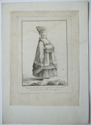 Bourgeoise en robe de satin rayée avec une pelisse fourrée et un manchon blanc. (titre inscrit)