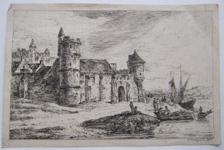 Château fortifié et bateaux au premier plan. (titre factice)