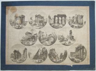 Ensemble de vignettes rondes présentant des temples antiques en ruines. (titre factice)