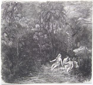Cinq femmes se baignant dans un ruisseau. (titre factice)