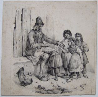 Vieillard assis jouant avec quatre enfants. (titre factice)