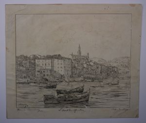 Dessin pour le catalogue illustré du Salon de 1891 d’après le tableau n°1326 “Port de Menton”. (Titre inscrit)