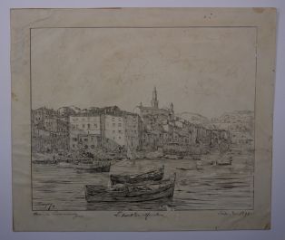 Dessin pour le catalogue illustré du Salon de 1891 d’après le tableau n°1326 “Port de Menton”. (Titre inscrit)