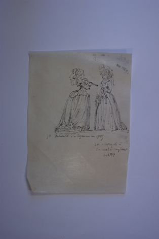 Deux femmes en robe. Deshabillé à la Lausanne en 1785 et redingote à la mode anglais de 1787. (titre inscrit)