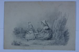 Une femme en coiffe assisse avec deux enfants. (titre factice)