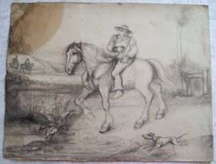 Cavalier montant à cru, deux cavaliers dans le lointain et un chien qui court au premier plan. (titre factice)