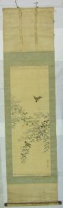 Kakémono avec un oiseau volant et un second posé sur un rameau fleuri.(titre factice)