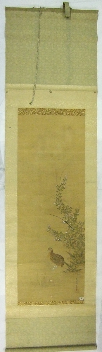 Kakémono avec une pedrix près de bamvous et rameaux en fleurs.(titre factice)