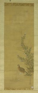 Kakémono avec une pedrix près de bamvous et rameaux en fleurs.(titre factice)