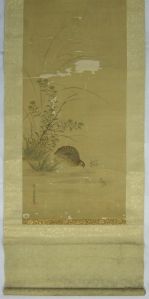 Kakémono avec une pedrix auprès de bambou et rameau en fleur.(titre factice)