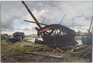 P.1893.227,
Emmanuel Lansyer,
Six bateaux désemparés à la retenue de Dieppe,
1881,
peinture à l’huile sur toile ; © Clémence Fargues, Ville de Loches