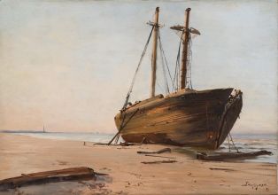 Grand navire échoué, sur la plage de Rosendail près Dunkerque, et en démolition. ; © phot.F.Lauginie