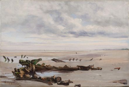 Epaves à marée basse sur la plage de Rosendail (les Bains de Dunkerque).
