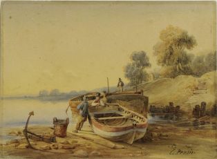 Mariniers de Loire devant une barque et un chaland (titre factice) ; © Anthony Chatton