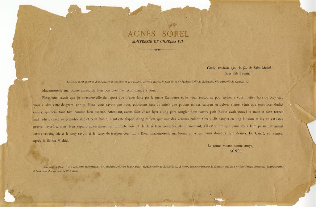 Lettre d'Agnès Sorel, dame de Beauté