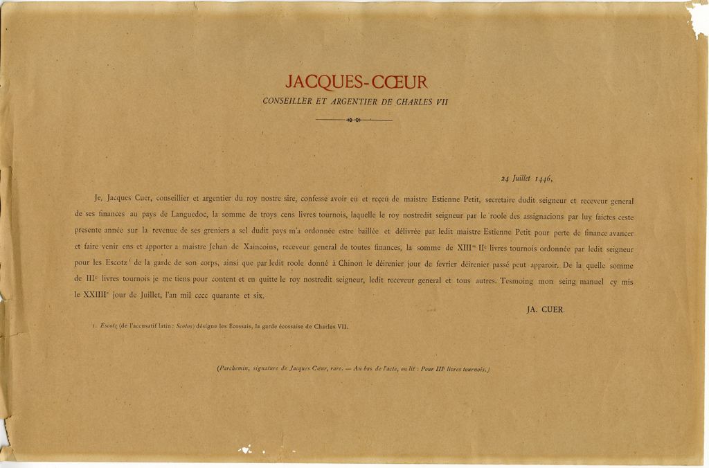 Lettre de Jacques Coeur, argentier du roi Charles VII