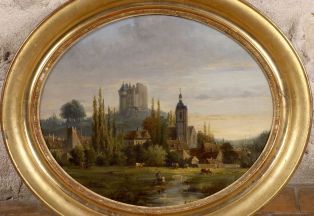 Vue de Nogent “église Saint-Laurent, château Saint-Jean, prairies et rivière”