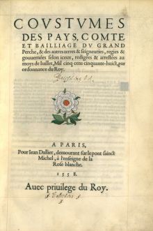 Page de titre de la première édition de 1558 des Coutumes du Perche