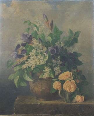 Bouquet de roses, iris et lilas