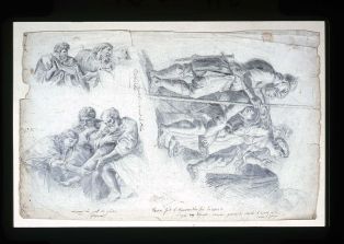 dessin au crayon reproduction par Ovide Scribe de scènes bibliques “fragment du reniement de St Pierre” et “lavement des pieds des apôtres”