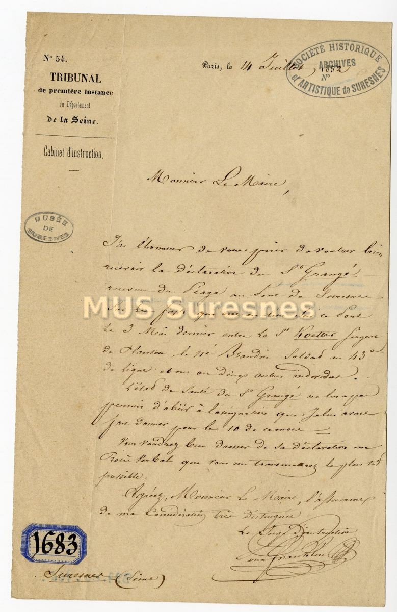 Monsieur le juge d'Instruction à Monsieur le Maire concernant l'incident du 3 mai 1852 sur le pont de Suresnes (dossier pont de suresnes)