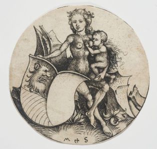 Armoiries - Une femme sauvage tenant un écu à la tête de lion