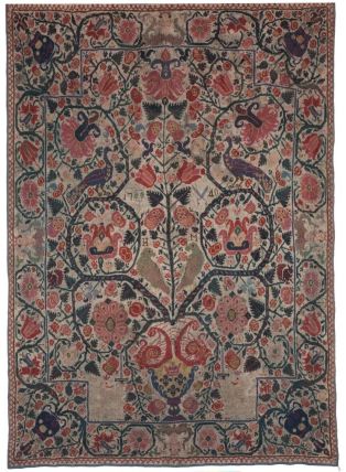 tapis tricoté à motifs de fleurs provenant de la corporation des bonnetiers de Colmar