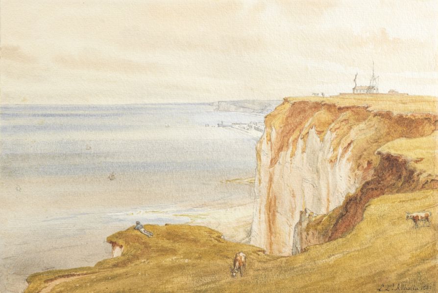 Vue des falaises de Normandie (Eu), avec un jeune homme allongé face à la mer